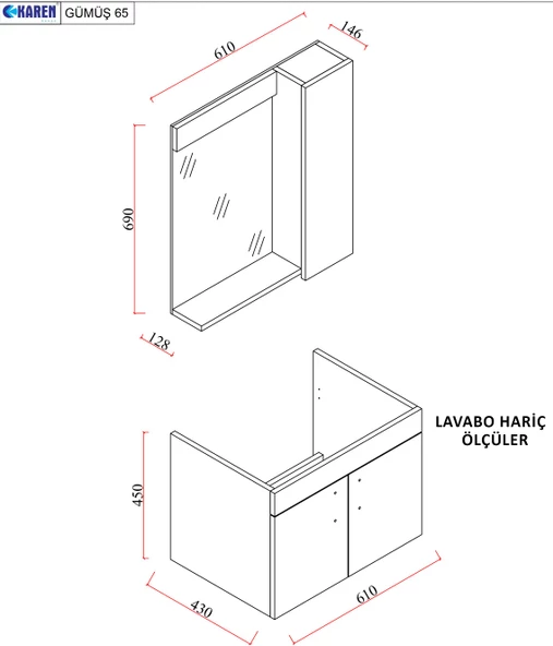 Karen Banyo Gümüş 65 Cm Lavabolu Banyo Dolabı Retro Gümüş-Beyaz Lavabo Dahil - 5