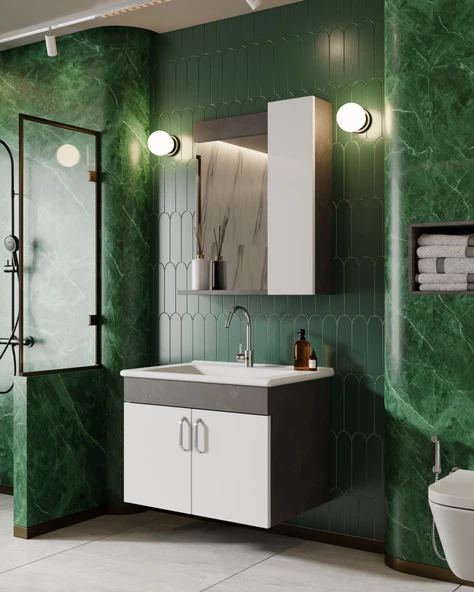 Karen Banyo Gümüş 65 Cm Lavabolu Banyo Dolabı Retro Gümüş-Beyaz Lavabo Dahil