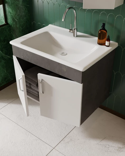 Karen Banyo Gümüş 65 Cm Lavabolu Banyo Dolabı Retro Gümüş-Beyaz Lavabo Dahil - 2
