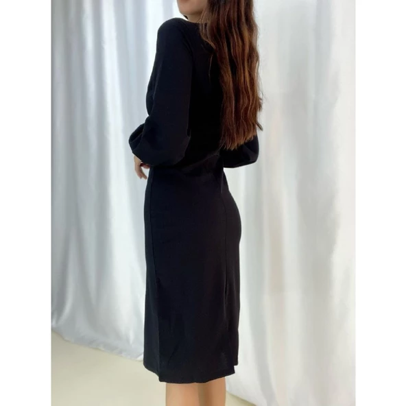 Lucky Life Kruvaze Yaka Lucky Life Kadın Balon Kol Midi Boy Elbise - 2