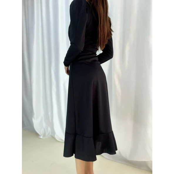 Lucky Life Krep Kumaş Midi Boy Kuşaklı Uzunkol Elbise 113 Cm - 8