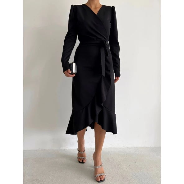 Lucky Life Krep Kumaş Midi Boy Kuşaklı Uzunkol Elbise 113 Cm - 9