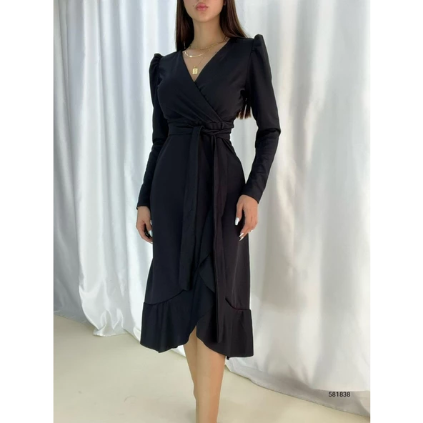 Lucky Life Krep Kumaş Midi Boy Kuşaklı Uzunkol Elbise 113 Cm - 7