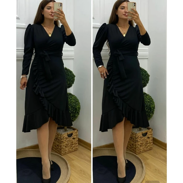 Lucky Life Krep Kumaş Midi Boy Kuşaklı Uzunkol Elbise 113 Cm - 6