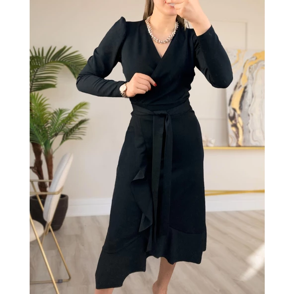 Lucky Life Krep Kumaş Midi Boy Kuşaklı Uzunkol Elbise 113 Cm - 5