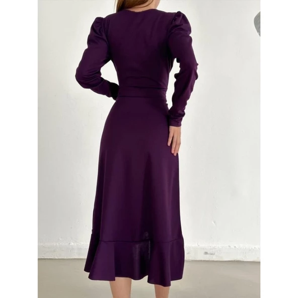 Lucky Life Krep Kumaş Midi Boy Kuşaklı Uzunkol Elbise - 10