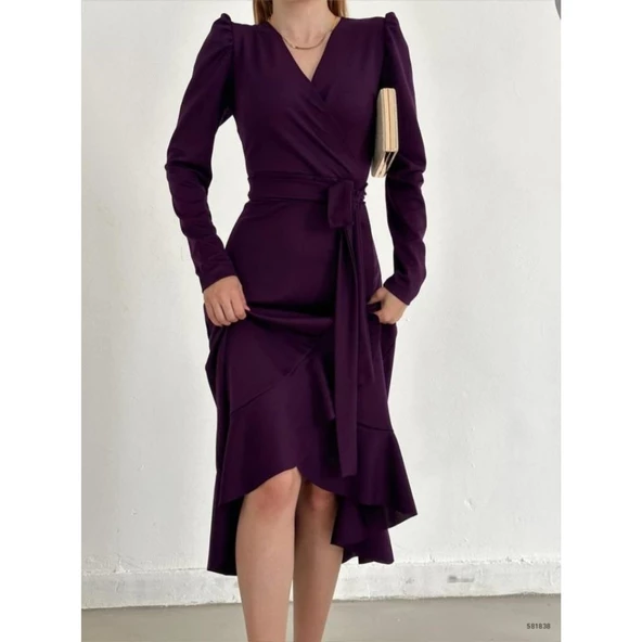 Lucky Life Krep Kumaş Midi Boy Kuşaklı Uzunkol Elbise - 12