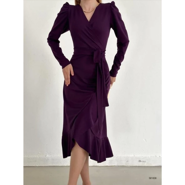 Lucky Life Krep Kumaş Midi Boy Kuşaklı Uzunkol Elbise - 9