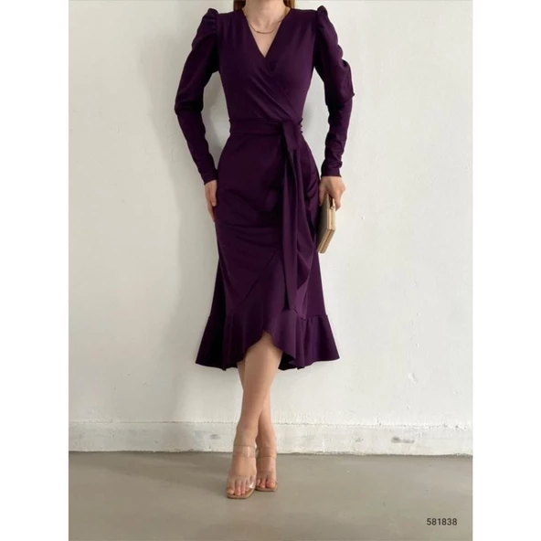 Lucky Life Krep Kumaş Midi Boy Kuşaklı Uzunkol Elbise - 11