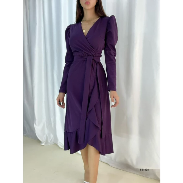 Lucky Life Krep Kumaş Midi Boy Kuşaklı Uzunkol Elbise - 4