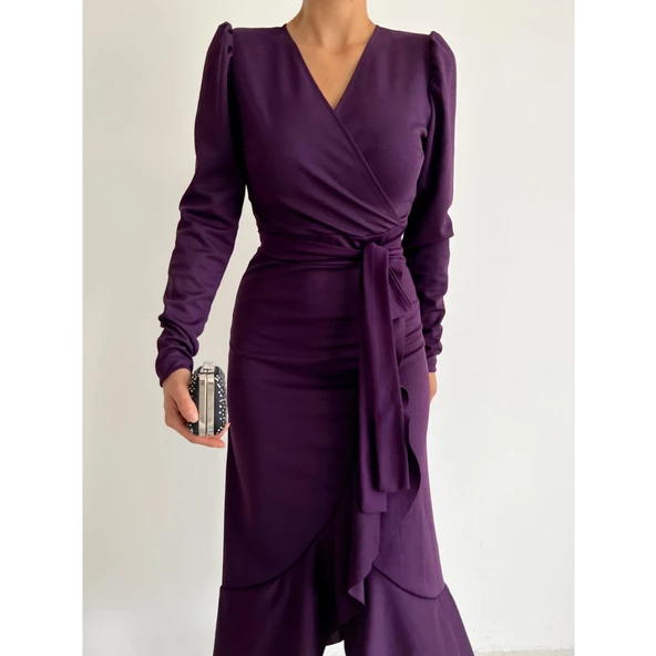 Lucky Life Krep Kumaş Midi Boy Kuşaklı Uzunkol Elbise - 8