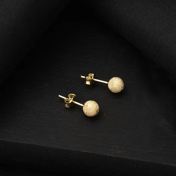 14 Ayar Sarı Altın Kumlu Top Küpe 6 mm. - Resim 4