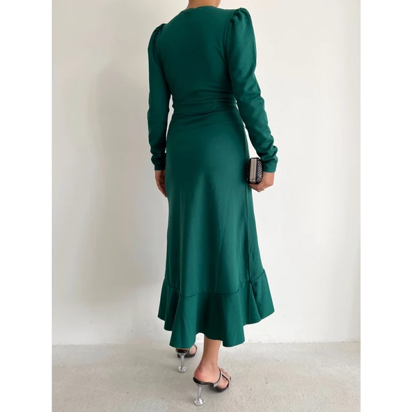 Lucky Life Yeşil Krep Kumaş Midi Boy Kuşaklı Uzunkol Elbise - 5