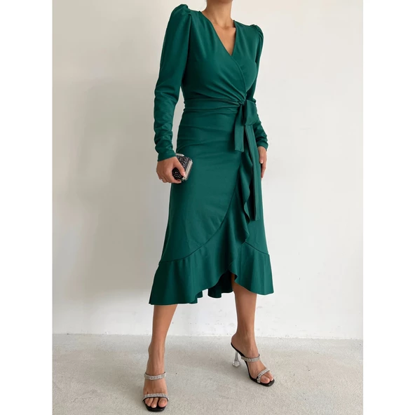 Lucky Life Yeşil Krep Kumaş Midi Boy Kuşaklı Uzunkol Elbise - 8