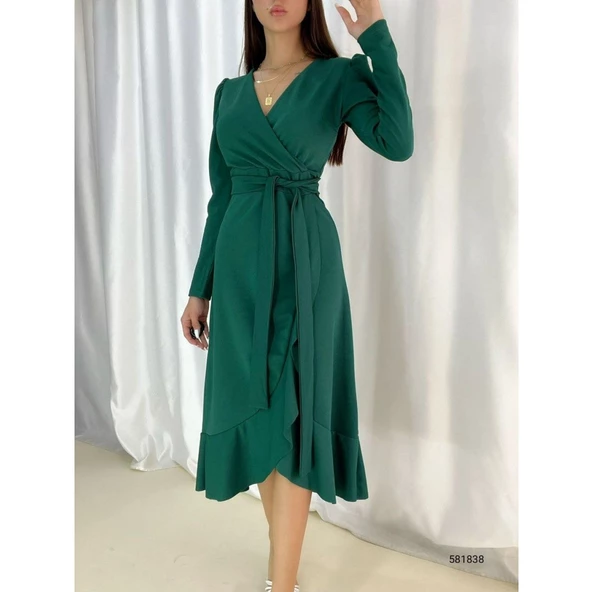 Lucky Life Yeşil Krep Kumaş Midi Boy Kuşaklı Uzunkol Elbise - 2