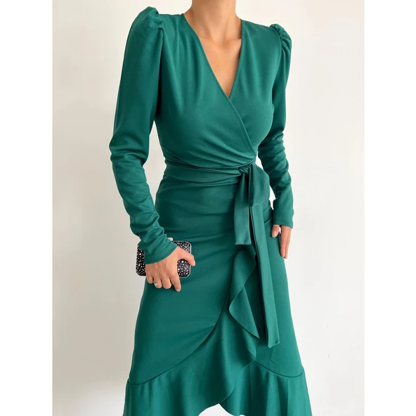 Lucky Life Yeşil Krep Kumaş Midi Boy Kuşaklı Uzunkol Elbise - 7