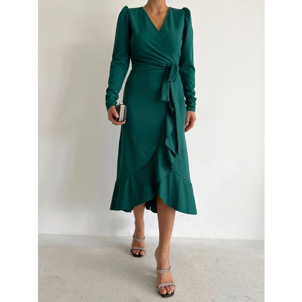 Lucky Life Yeşil Krep Kumaş Midi Boy Kuşaklı Uzunkol Elbise - 6
