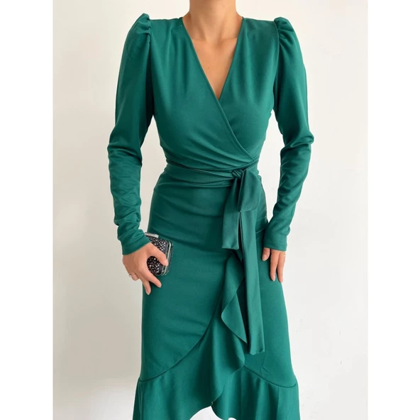 Lucky Life Yeşil Krep Kumaş Midi Boy Kuşaklı Uzunkol Elbise - 4
