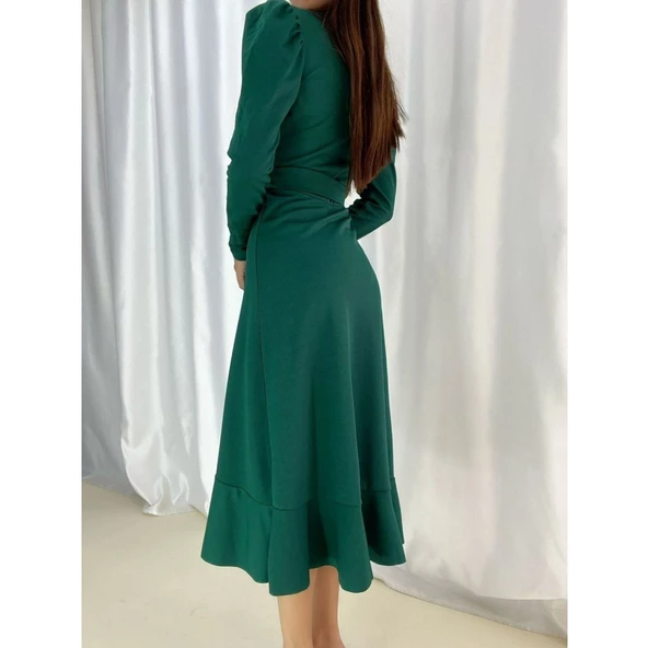 Lucky Life Yeşil Krep Kumaş Midi Boy Kuşaklı Uzunkol Elbise - 3