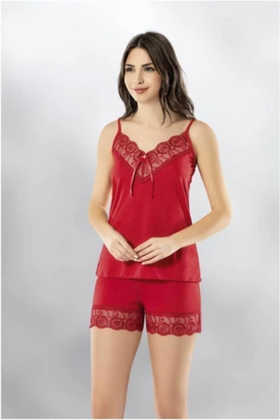 Kadın Dantel Detaylı Penye Atlet Şort Gecelik Takım 6341 - 3