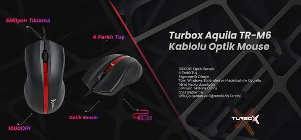 Turbox Aquila Tr-M6 1000Dpi Usb Kablolu Kırmızı Siyah Optik Mouse - 2