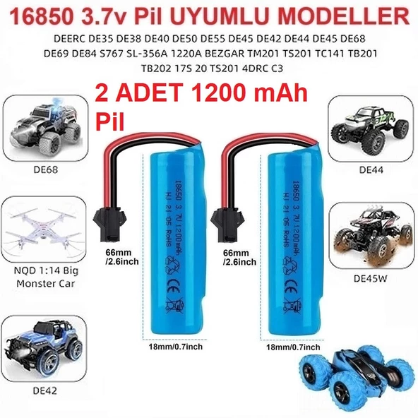 3.7v 18650 1200 Mah Li-on Siyah Soketli 2 Adet Oyuncak Pili + 3.7V Şarj Cihazı - 3