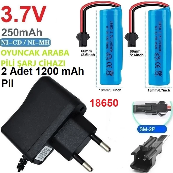 3.7v 18650 1200 Mah Li-on Siyah Soketli 2 Adet Oyuncak Pili + 3.7V Şarj Cihazı