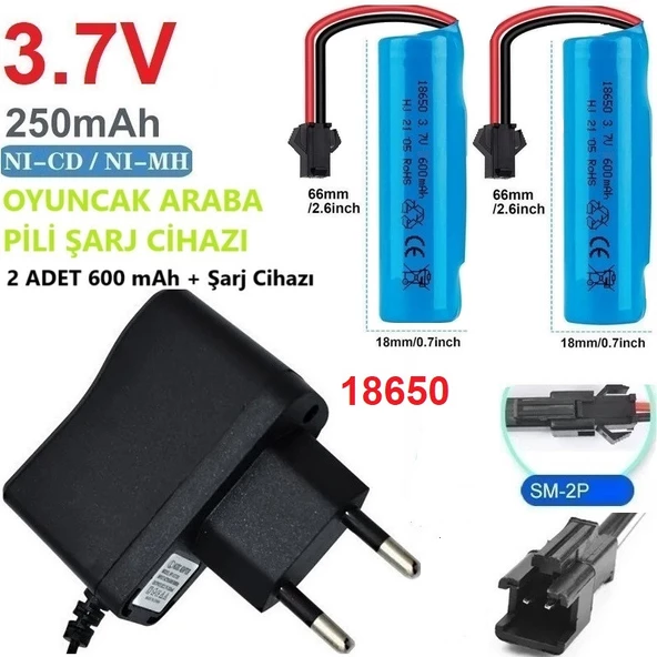 3.7v 18650 600 Mah Li-on Siyah Soketli 2 Adet Oyuncak Pili + 3.7V Şarj Cihazı