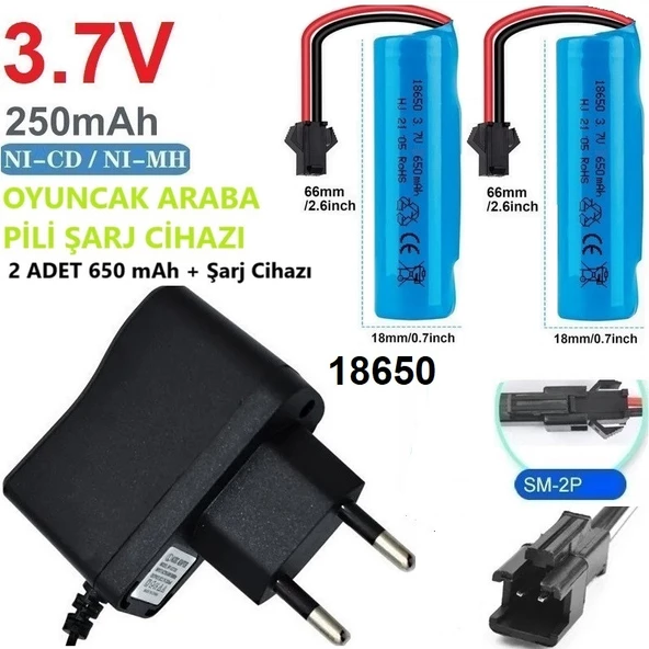 3.7v 18650 650 Mah Li-on Siyah Soketli 2 Adet Oyuncak Pili + 3.7V Şarj Cihazı