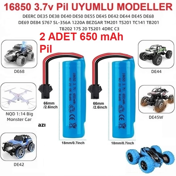 3.7v 18650 650 Mah Li-on Siyah Soketli 2 Adet Oyuncak Pili + 3.7V Şarj Cihazı - 3