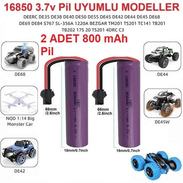 3.7v 18650 800 Mah Li-on Siyah Soketli 2 Adet Oyuncak Pili + 3.7V Şarj Cihazı - 3