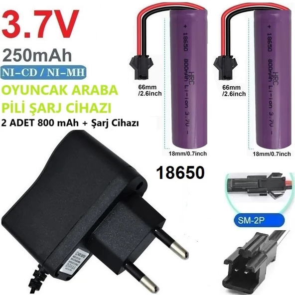 3.7v 18650 800 Mah Li-on Siyah Soketli 2 Adet Oyuncak Pili + 3.7V Şarj Cihazı