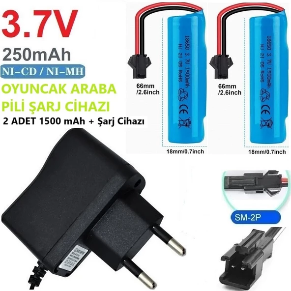 3.7v 18650 1500 Mah Li-on Siyah Soketli 2 Adet Oyuncak Pili + 3.7V Şarj Cihazı