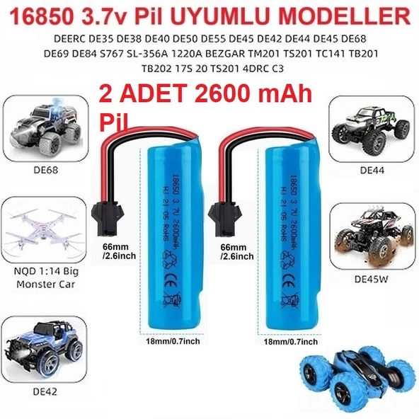 3.7v 18650 2600 Mah Li-on Siyah Soketli 2 Adet Oyuncak Pili + 3.7v Şarj Cihazı - 3