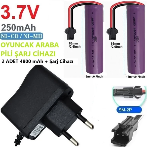 3.7v 18650 4800 Mah Li-on Siyah Soketli 2 Adet Oyuncak Pili + 3.7V Şarj Cihazı