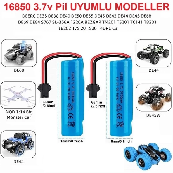 3.7v 18650 3500 Mah Li-on Siyah Soketli 2 Adet Oyuncak Pili + 3.7V Ev Şarj Cihazı - 3