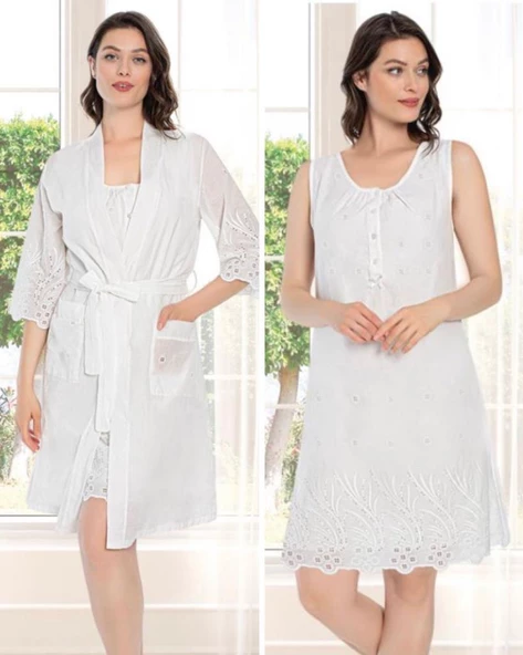 Duchesse 2065 Fistolu Lohusa Pamuklu Gecelik Sabahlık Takım - Resim 4