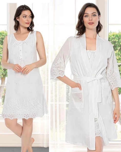 Duchesse 2065 Fistolu Lohusa Pamuklu Gecelik Sabahlık Takım - Resim 2