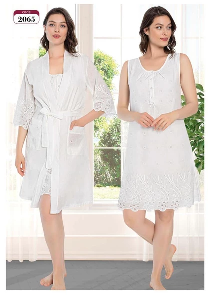 Duchesse 2065 Fistolu Lohusa Pamuklu Gecelik Sabahlık Takım - Resim 5