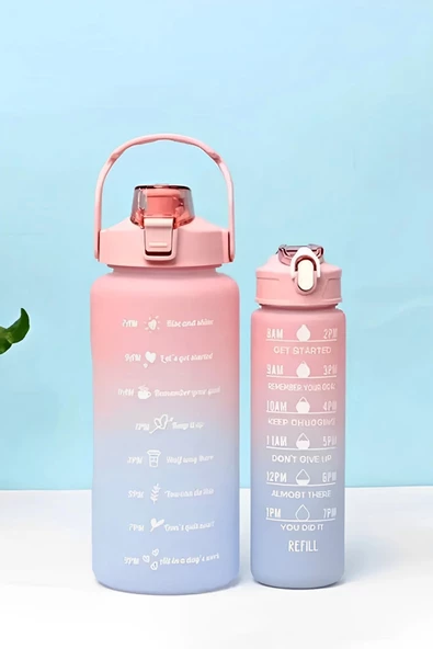 2li Motivasyon Su Matarası 2lt+ 900ml Rengarenk Figürlü Pipetli Su Şişesi Taşınabilir Kulplu Suluk