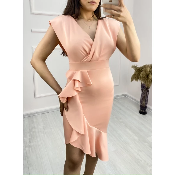 Lucky Life Scuba Kumaş Önü Fırfırlı Midi Boy Elbise - 8