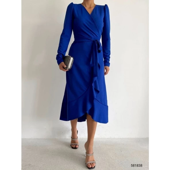 Lucky Life Krep Kumaş Midi Boy Kuşaklı Uzunkol Elbise - 12