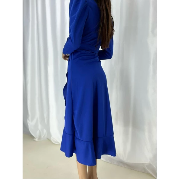 Lucky Life Krep Kumaş Midi Boy Kuşaklı Uzunkol Elbise - 8