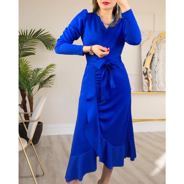 Lucky Life Krep Kumaş Midi Boy Kuşaklı Uzunkol Elbise - 5