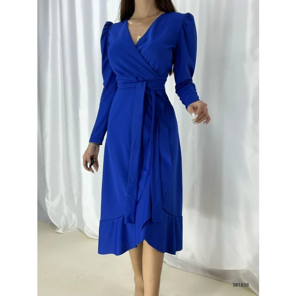 Lucky Life Krep Kumaş Midi Boy Kuşaklı Uzunkol Elbise - 7