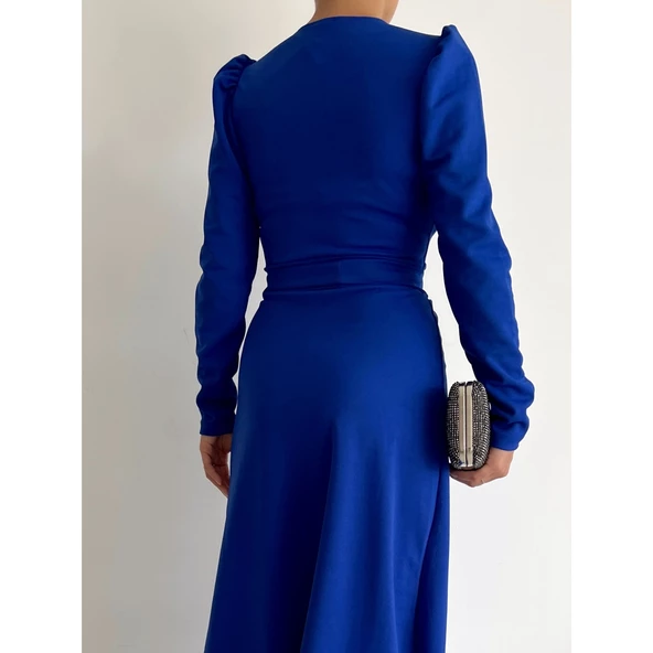 Lucky Life Krep Kumaş Midi Boy Kuşaklı Uzunkol Elbise - 11