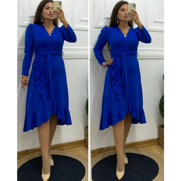 Lucky Life Krep Kumaş Midi Boy Kuşaklı Uzunkol Elbise - 6