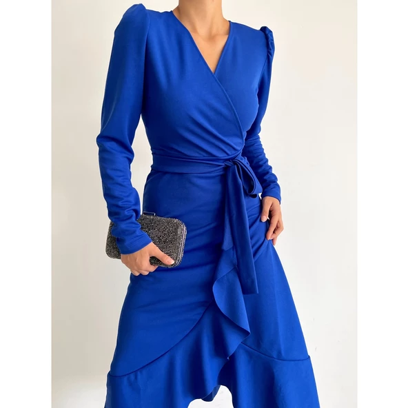 Lucky Life Krep Kumaş Midi Boy Kuşaklı Uzunkol Elbise - 9