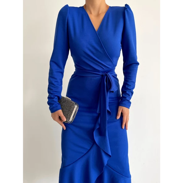 Lucky Life Krep Kumaş Midi Boy Kuşaklı Uzunkol Elbise - 10