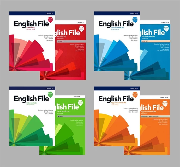 English File 4th Edition Elementary + Pre-intermediate + intermediate + Upper-intermediate  Student's Book With Online Practice + Workbook (Access Code VARDIR) ( 4 lü SET)